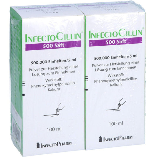 Das Produktfoto zeigt Infectocillin 500 Saft 1ml=100.000 I.E. (2X100 ml) PZN 04257888
