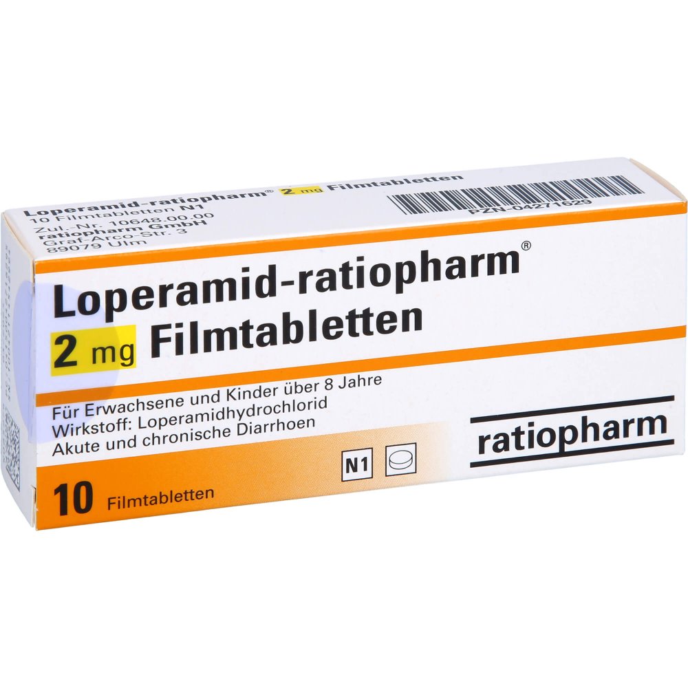 Das Produktfoto zeigt Loperamid-Ratiopharm 2 Mg Filmtabletten (10 stk) PZN 04271629