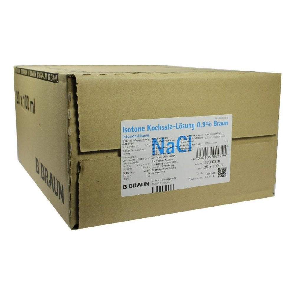 Das Produktfoto zeigt Kochsalzlösung 0,9% Glasfl. (20X100 ml) PZN 04272994