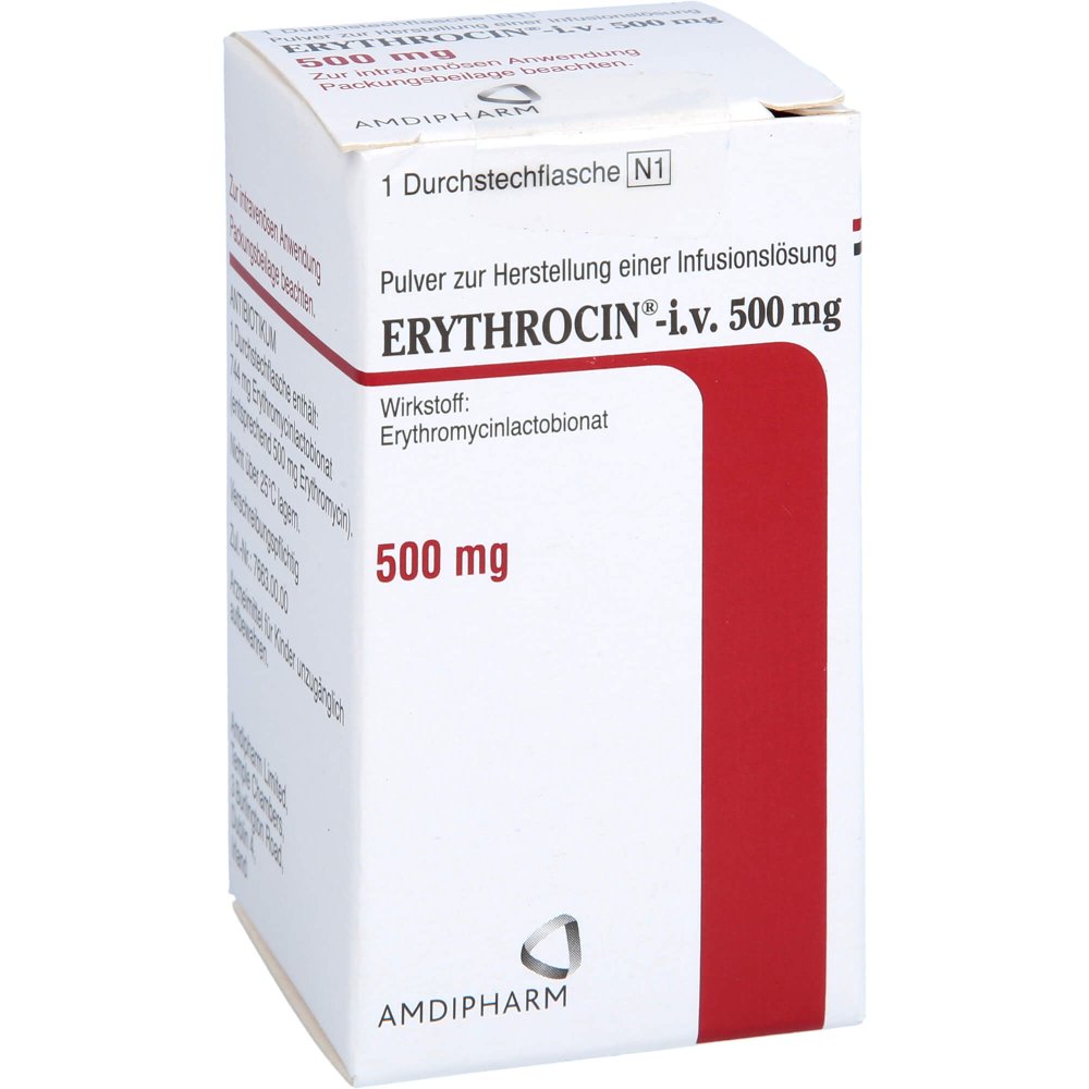 Das Produktfoto zeigt Erythrocin I.V. 500 Mg Trockensub.O.Lösungsm. (1 stk) PZN 04274585