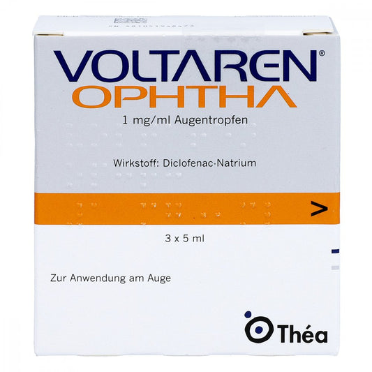 Das Produktfoto zeigt Voltaren Ophtha Augentropfen (3X5 ml) PZN 04286915