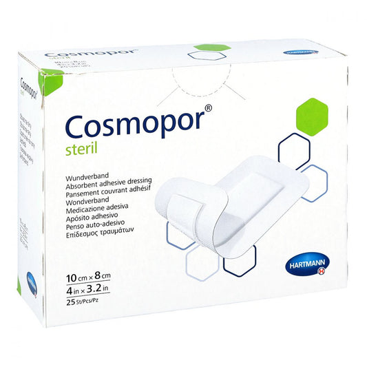 Das Produktfoto zeigt Cosmopor Steril Wundverband 8x10 Cm (25 stk) PZN 04302034