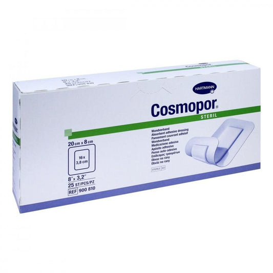 Das Produktfoto zeigt Cosmopor Steril Wundverband 8x20 Cm (25 stk) PZN 04302057