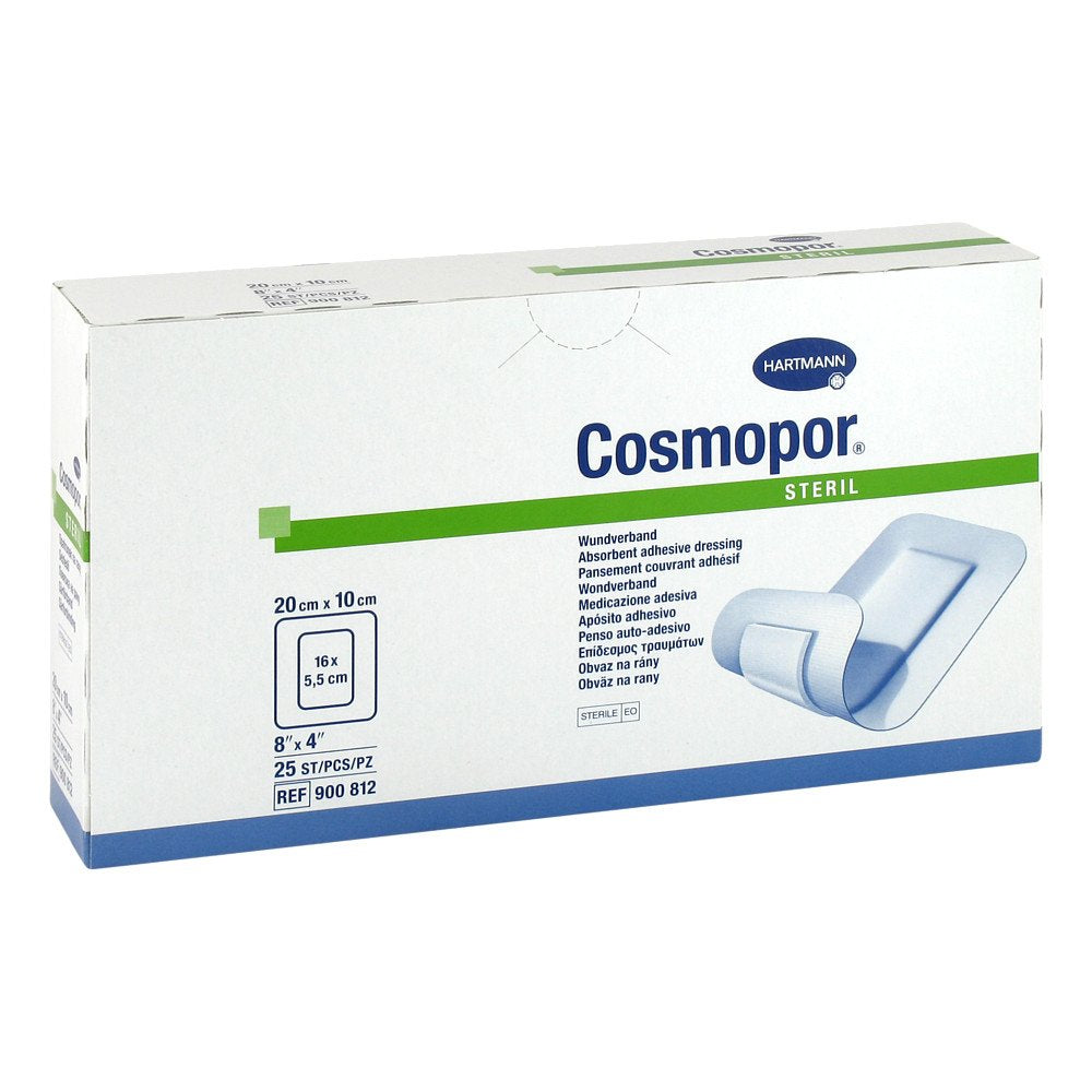 Das Produktfoto zeigt Cosmopor Steril Wundverband 10x20 Cm (25 stk) PZN 04302063