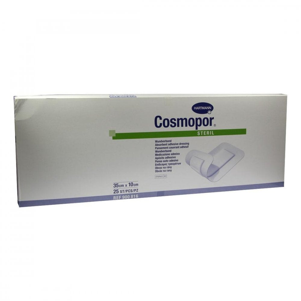 Das Produktfoto zeigt Cosmopor Steril Wundverband 10x35 Cm (25 stk) PZN 04302092