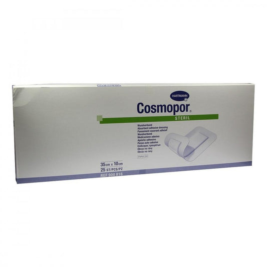 Das Produktfoto zeigt Cosmopor Steril Wundverband 10x35 Cm (25 stk) PZN 04302092