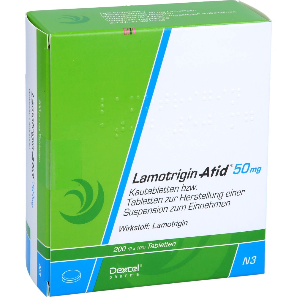 Das Produktfoto zeigt Lamotrigin Atid 50 Mg Kautbl./Tbl.Z.H.E.Sus.Z.Ein. (200 stk) PZN 04306486