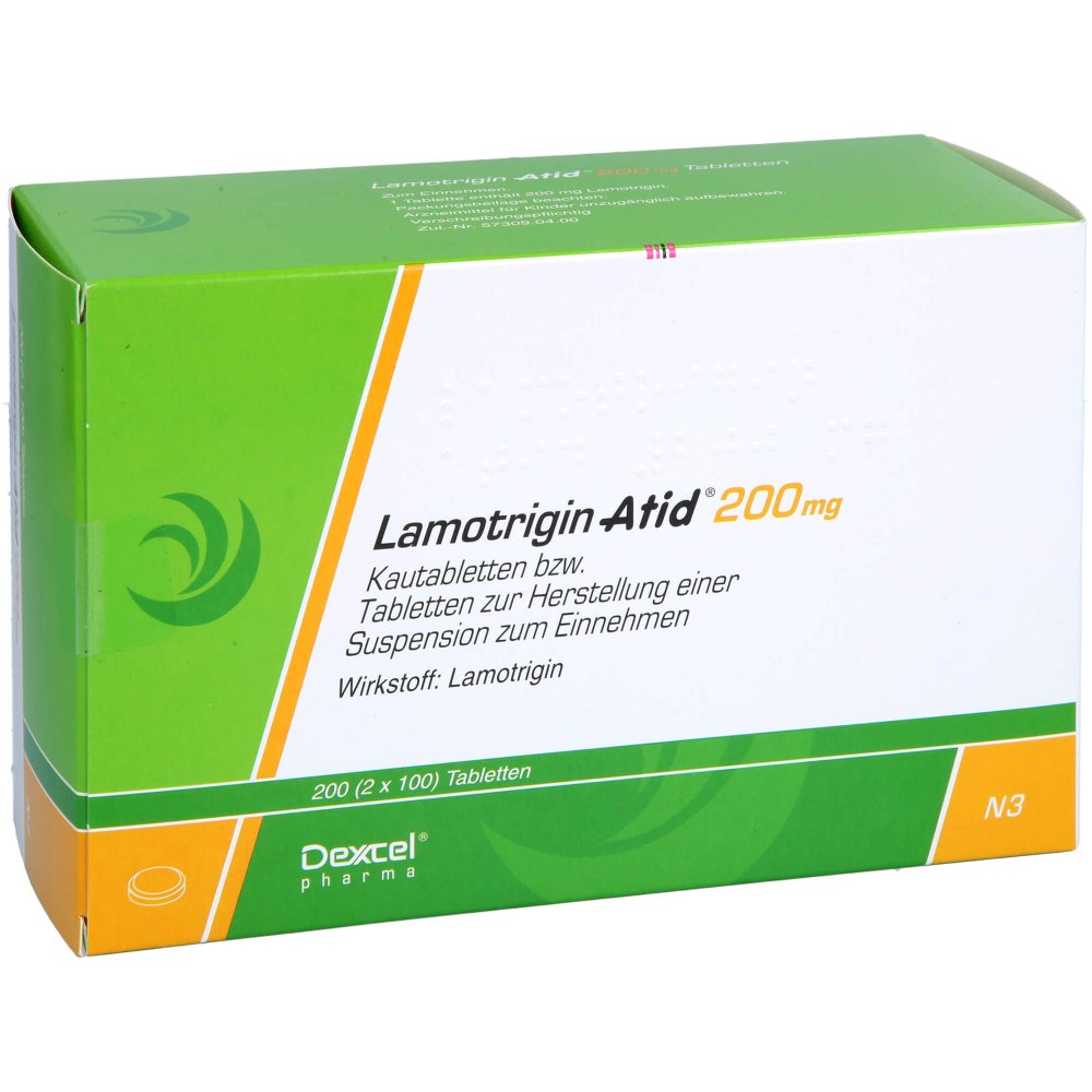 Das Produktfoto zeigt Lamotrigin Atid 200 Mg Kautbl./Tbl.Z.H.E.Sus.Z.Ein (200 stk) PZN 04306546
