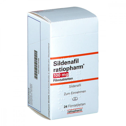 Das Produktfoto zeigt Sildenafil Ratiopharm 100 Mg Filmtabletten (24 stk) PZN 04313782