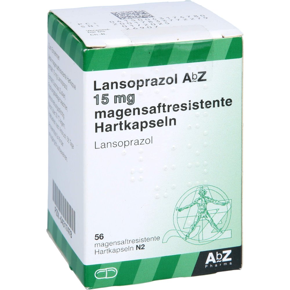 Das Produktfoto zeigt Lansoprazol Abz 15 Mg Magensaftres.Hartkaps. (56 stk) PZN 04317478
