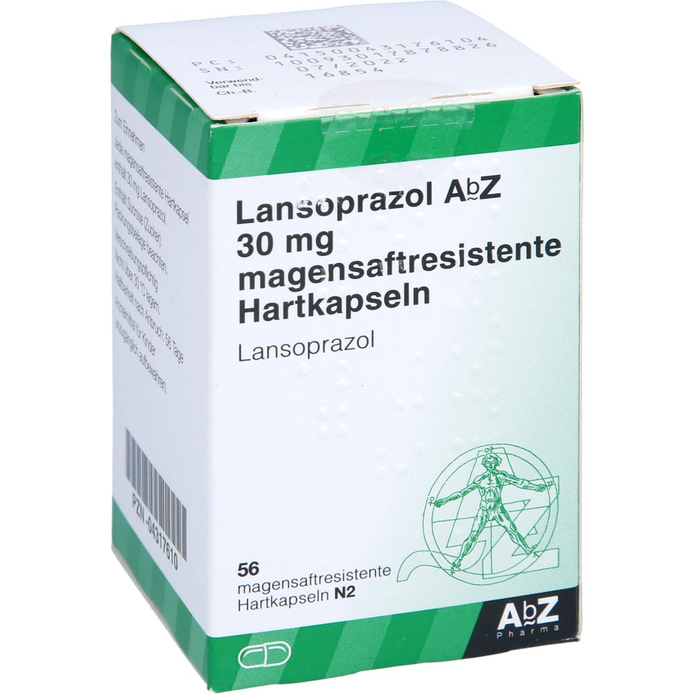 Das Produktfoto zeigt Lansoprazol Abz 30 Mg Magensaftres.Hartkaps. (56 stk) PZN 04317610