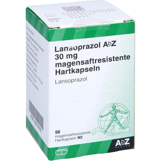 Das Produktfoto zeigt Lansoprazol Abz 30 Mg Magensaftres.Hartkaps. (56 stk) PZN 04317610