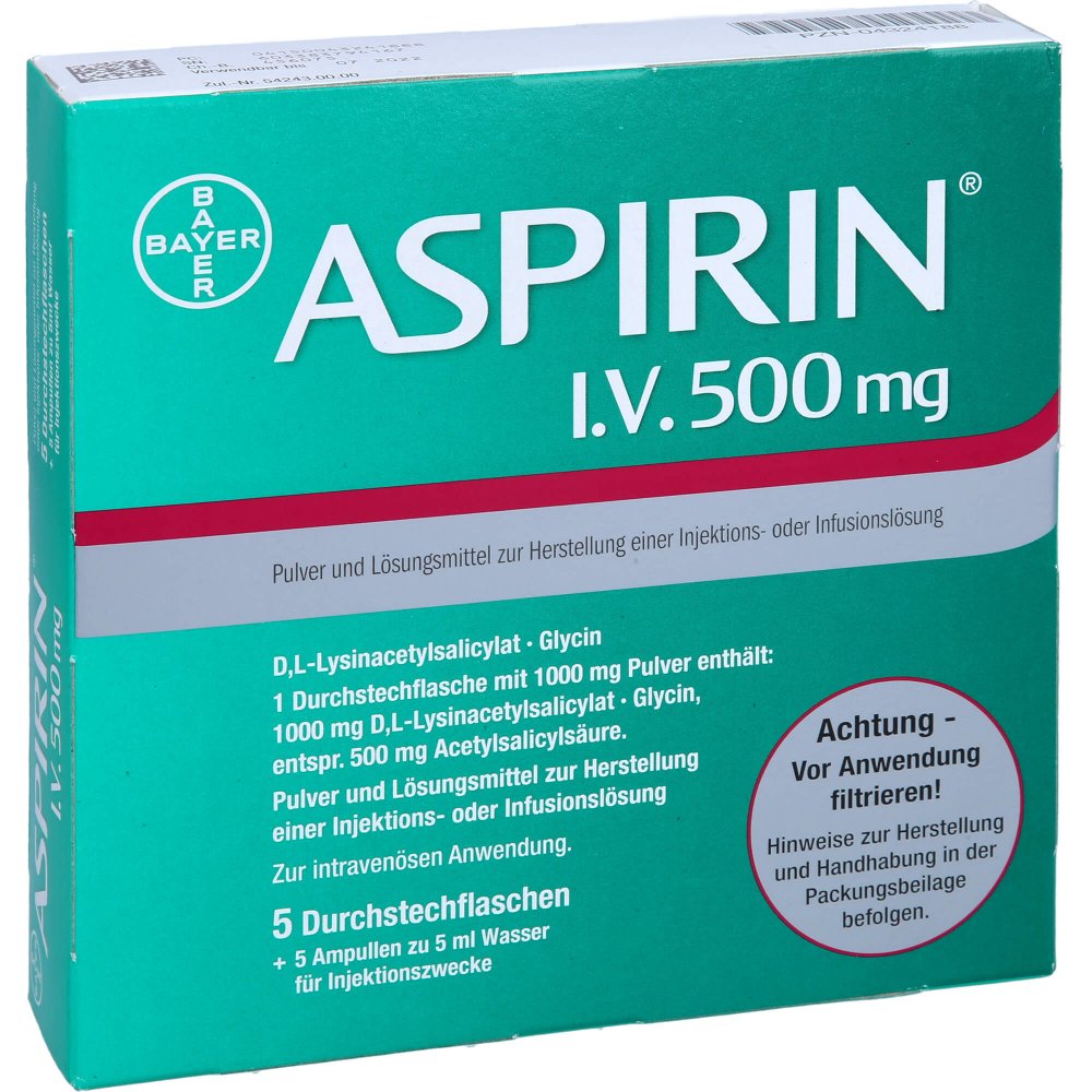 Das Produktfoto zeigt Aspirin I.V. 500 Mg Plv.U.Lm Z.H.E.Inj.-/Inf.-Lsg. (5 stk) PZN 04324188