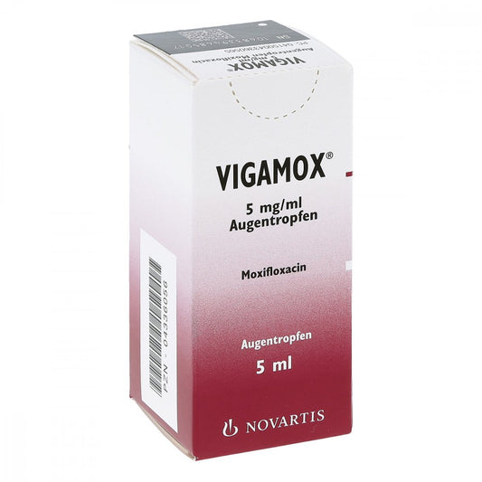 Das Produktfoto zeigt Vigamox 5 Mg/Ml Augentropfen (5 ml) PZN 04336056