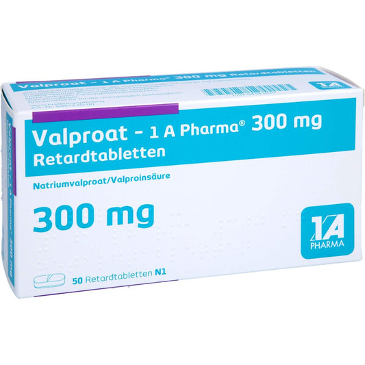 Das Produktfoto zeigt Valproat-1a Pharma 300 Mg Retardtabletten (50 stk) PZN 04343820