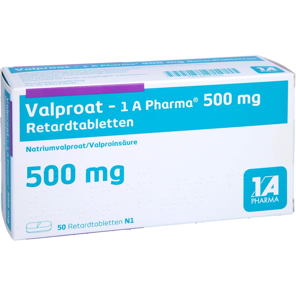 Das Produktfoto zeigt Valproat-1a Pharma 500 Mg Retardtabletten (50 stk) PZN 04343932
