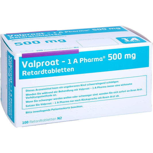 Das Produktfoto zeigt Valproat-1a Pharma 500 Mg Retardtabletten (100 stk) PZN 04343961