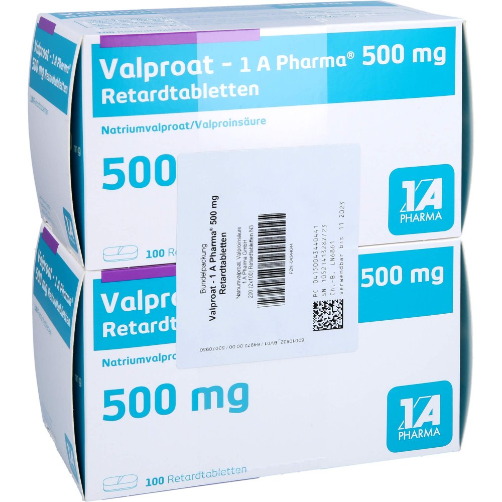Das Produktfoto zeigt Valproat-1a Pharma 500 Mg Retardtabletten (200 stk) PZN 04344044