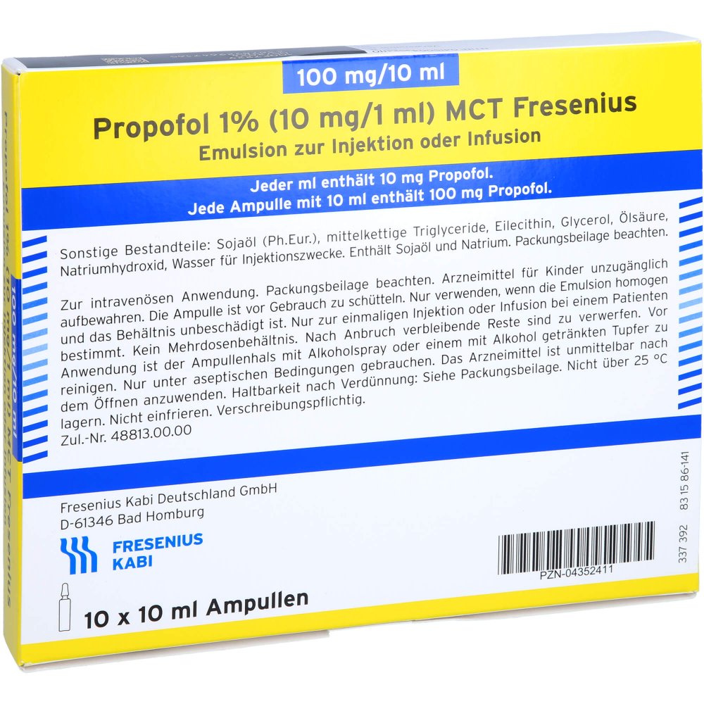 Das Produktfoto zeigt Propofol 1% 10mg/1ml Mct Fres.Em.Z.Inj.U.Inf.G-Amp (10X10 ml) PZN 04352411