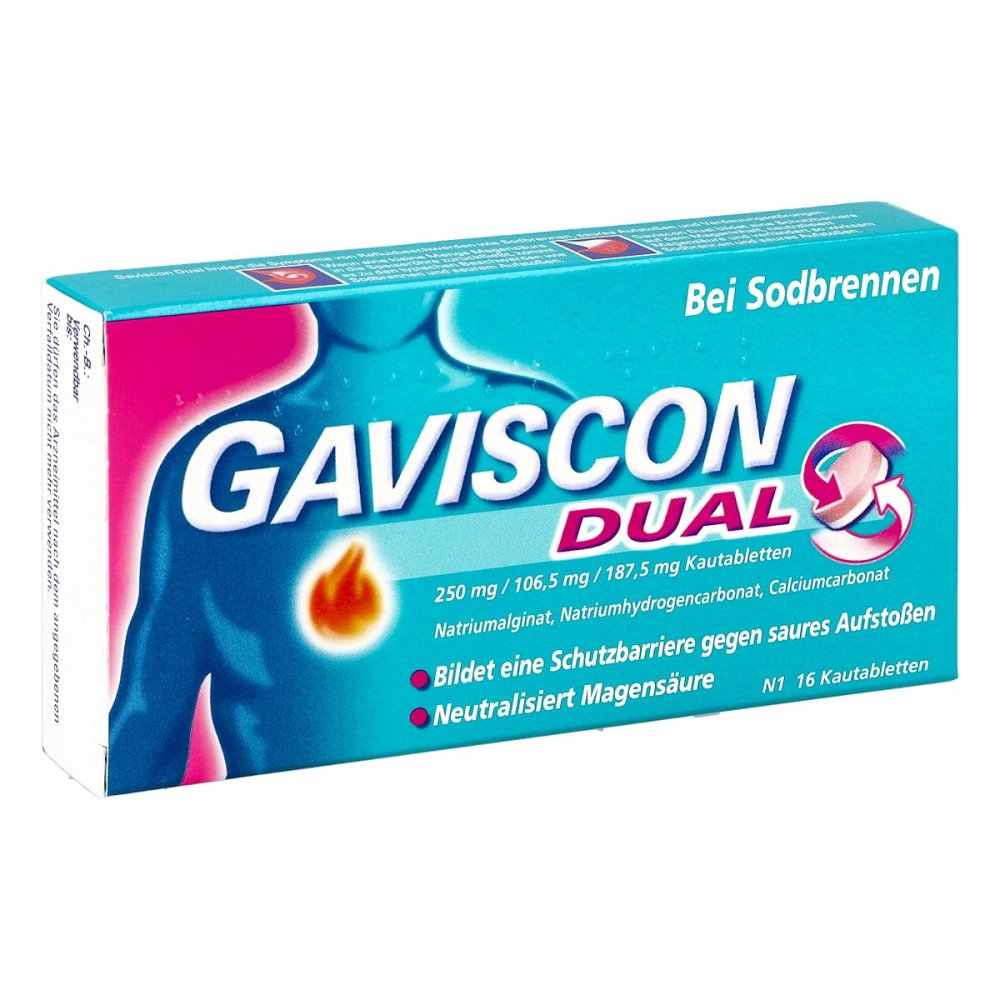 Das Produktfoto zeigt Gaviscon Dual 250mg/106,5mg/187,5mg Kautabletten (16 stk) PZN 04363716
