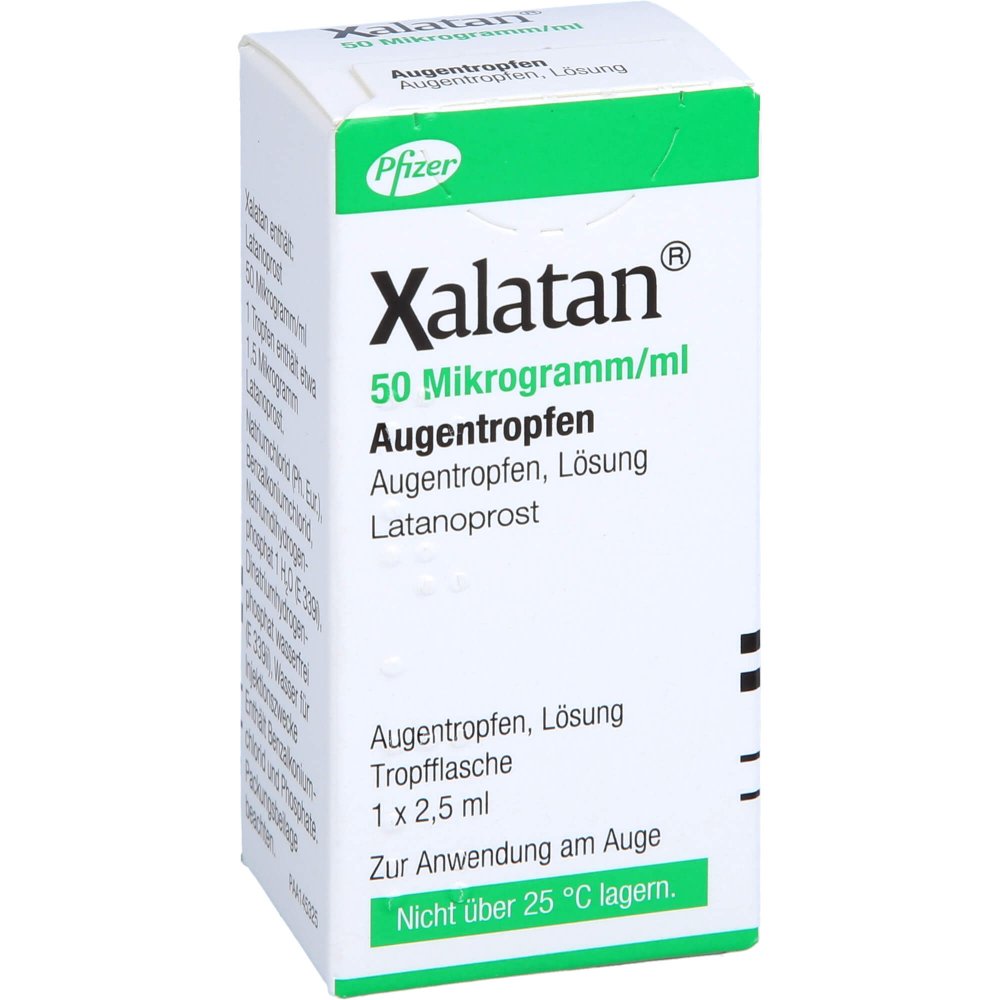 Das Produktfoto zeigt Xalatan 50 Mikrogramm/Ml Augentropfen (1X2.5 ml) PZN 04385037