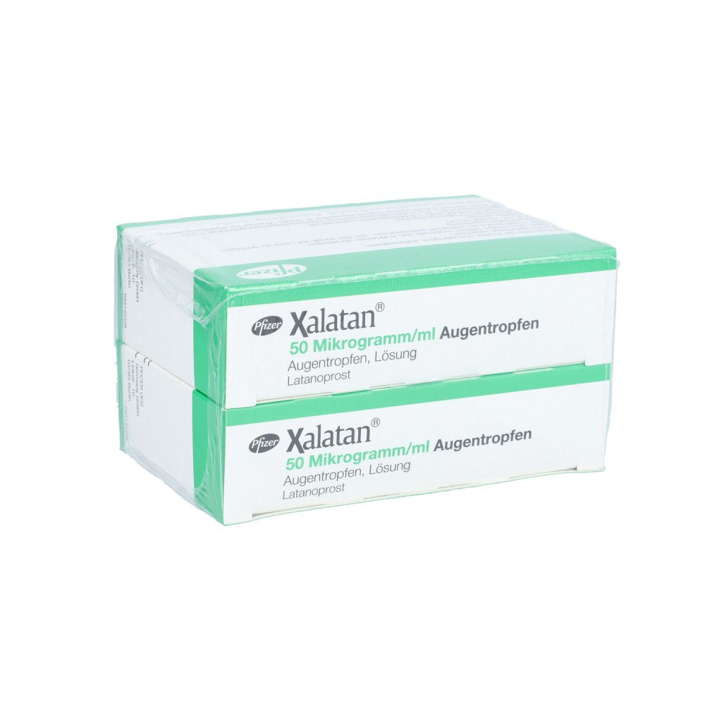 Das Produktfoto zeigt Xalatan 50 Mikrogramm/Ml Augentropfen (6X2.5 ml) PZN 04385089