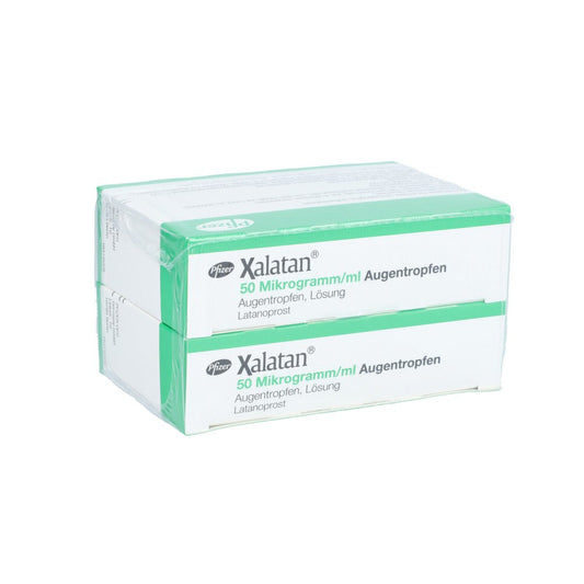 Das Produktfoto zeigt Xalatan 50 Mikrogramm/Ml Augentropfen (6X2.5 ml) PZN 04385089