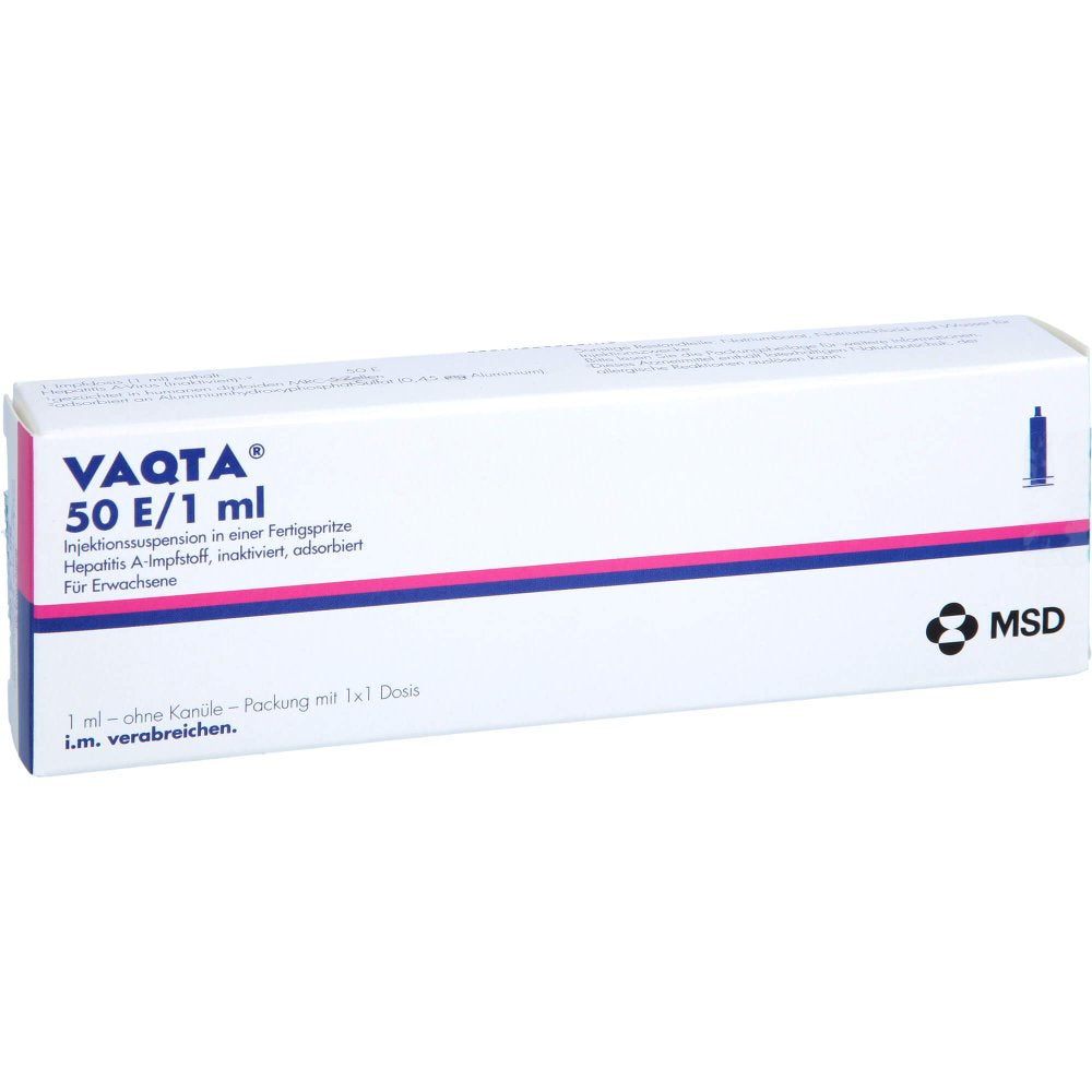 Das Produktfoto zeigt Vaqta 50 E/1 Ml Injektionssuspension Fertigspr. (1 ml) PZN 04397750