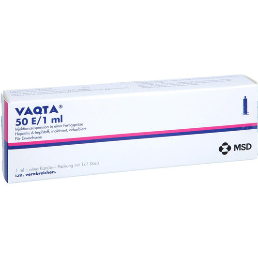 Das Produktfoto zeigt Vaqta 50 E/1 Ml Injektionssuspension Fertigspr. (1 ml) PZN 04397750