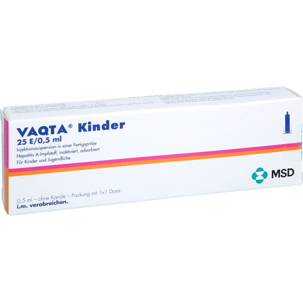 Das Produktfoto zeigt Vaqta Kinder 25 E/0,5 Ml Injektionssusp.Fertigspr. (0.5 ml) PZN 04397773