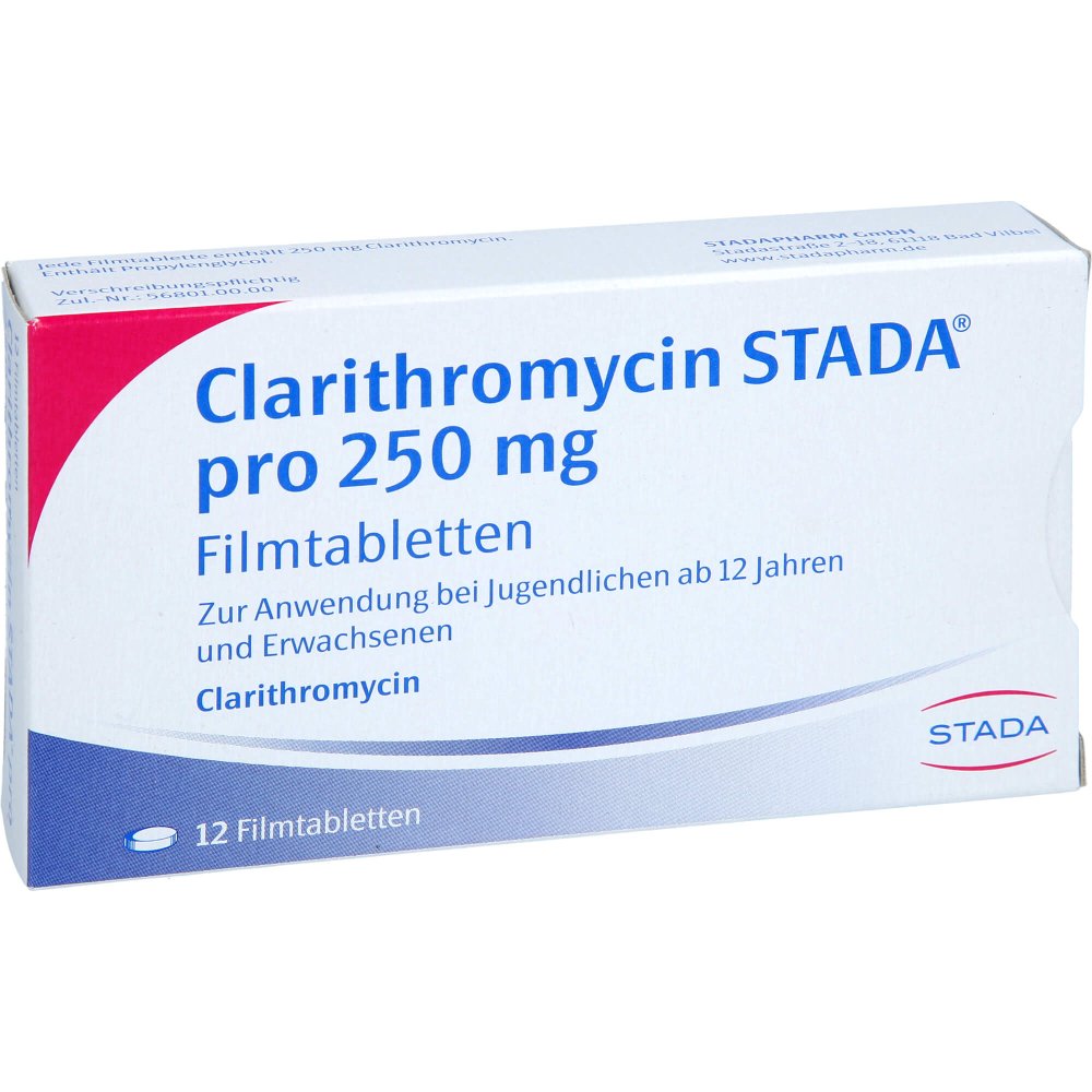 Das Produktfoto zeigt Clarithromycin Stada Pro 250 Mg Filmtabletten (12 stk) PZN 04397951