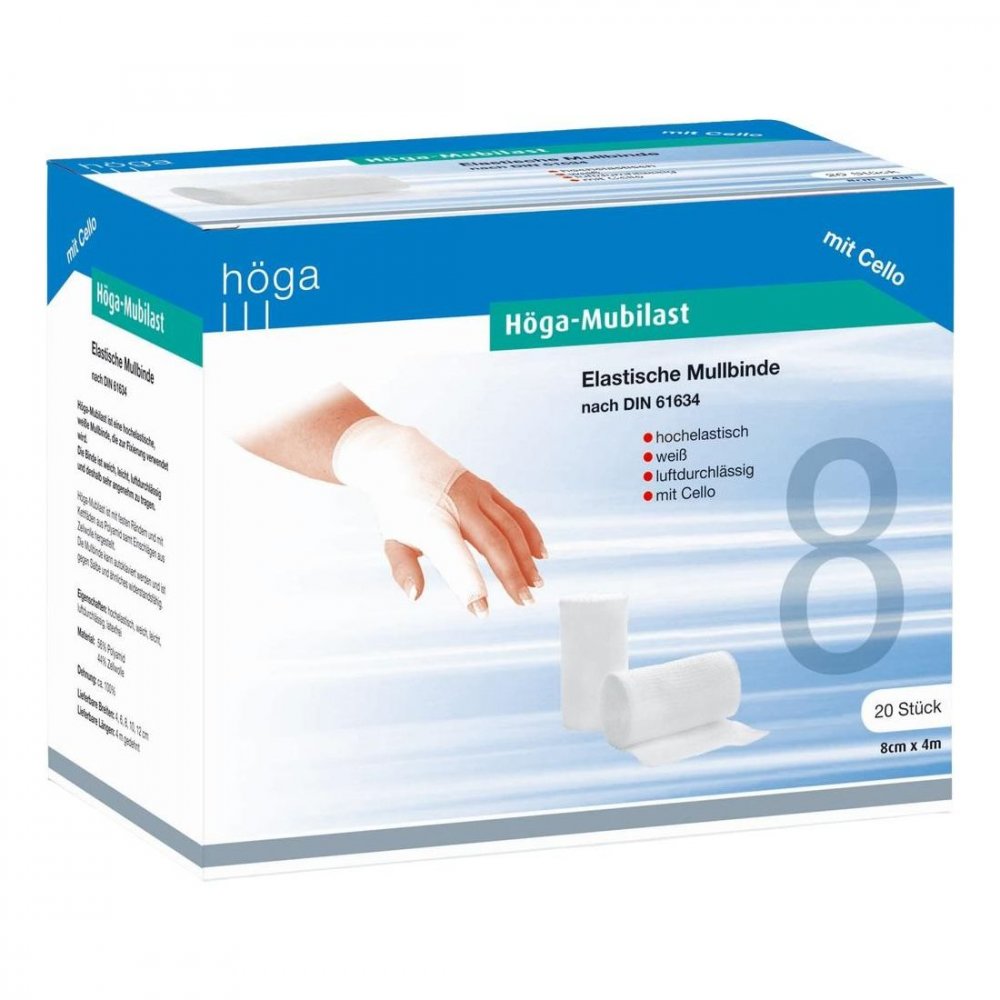 Das Produktfoto zeigt Höga-Mubilast Fixierbinde 8 Cmx4 M M.Cellophan (1 stk) PZN 04401517