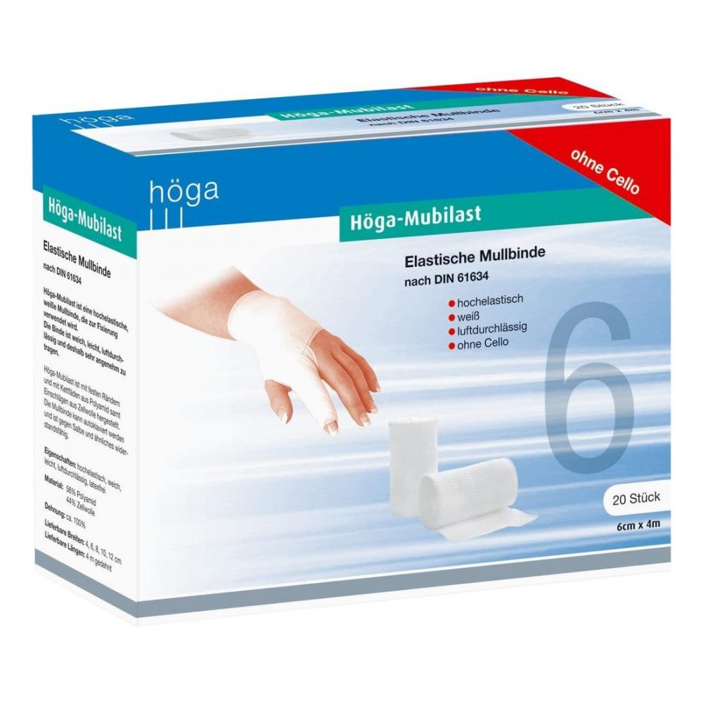 Das Produktfoto zeigt Höga-Mubilast Fixierbinde 6 Cmx4 M O.Cellophan (20 stk) PZN 04401569