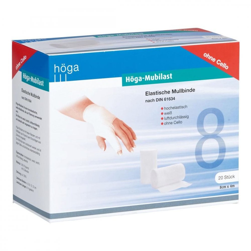 Das Produktfoto zeigt Höga-Mubilast Fixierbinde 8 Cmx4 M O.Cellophan (20 stk) PZN 04401575