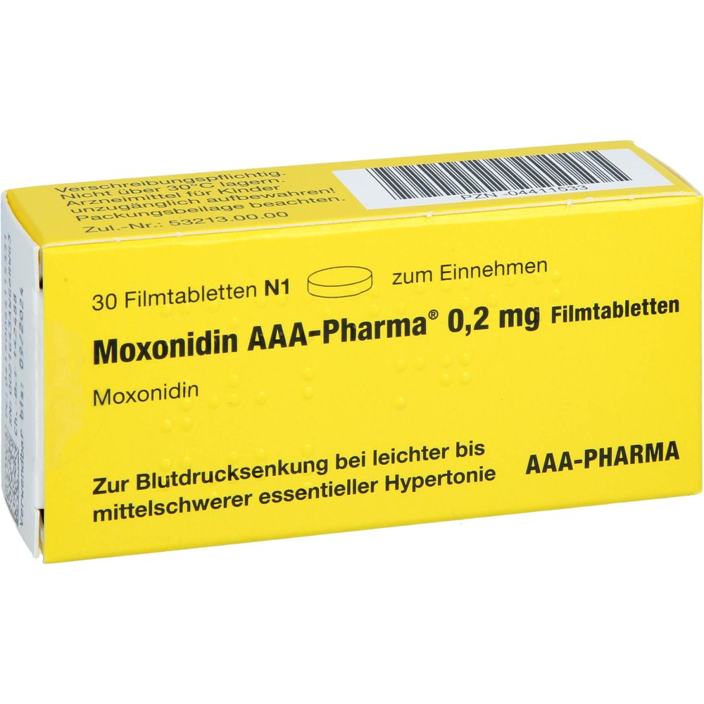 Das Produktfoto zeigt Moxonidin Aaa-Pharma 0,2 Mg Filmtabletten (30 stk) PZN 04411533