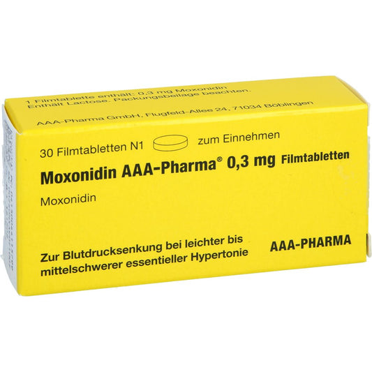Das Produktfoto zeigt Moxonidin Aaa-Pharma 0,3 Mg Filmtabletten (30 stk) PZN 04411579