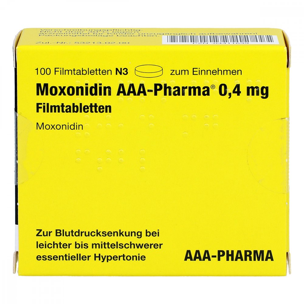Das Produktfoto zeigt Moxonidin Aaa-Pharma 0,4 Mg Filmtabletten (100 stk) PZN 04411639