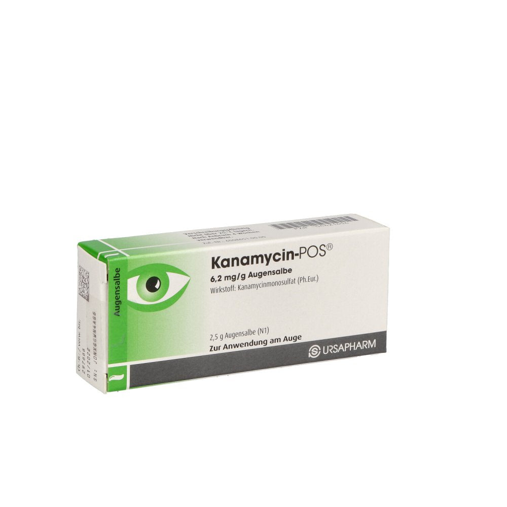 Das Produktfoto zeigt Kanamycin Pos Augensalbe (2.5 g) PZN 04421454