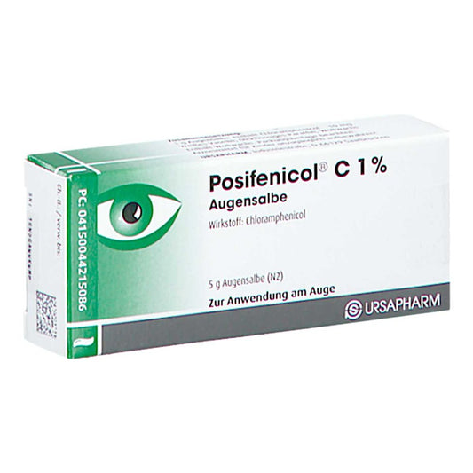 Das Produktfoto zeigt Posifenicol C 1% Augensalbe (5 g) PZN 04421508