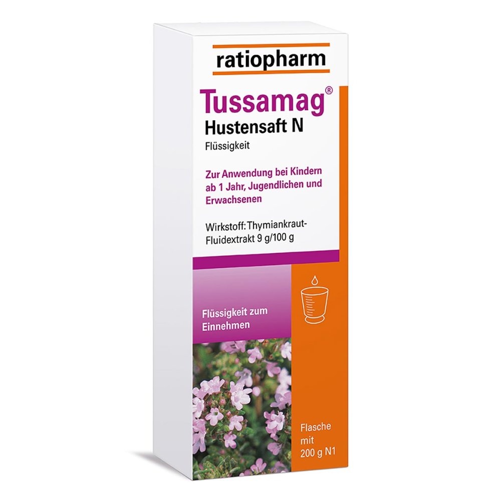 Das Produktfoto zeigt Tussamag Hustensaft N (200 g) PZN 04424501