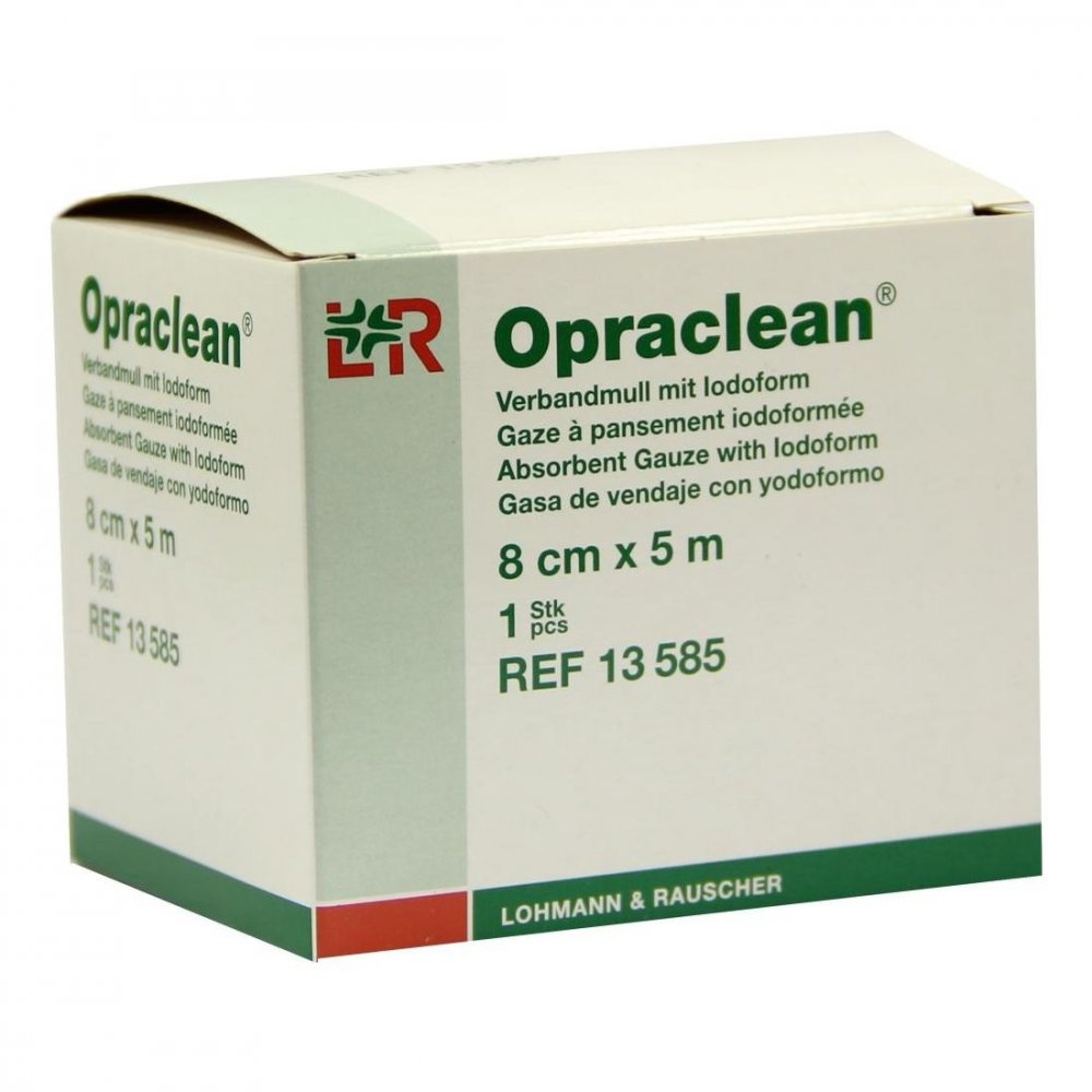 Das Produktfoto zeigt Opraclean Verbandmull M.Jodoform 8 Cmx5 M (1 stk) PZN 04436734