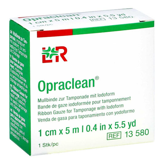 Das Produktfoto zeigt Opraclean Mullbinde Z.Tampon.M.Jodoform 1 Cmx5 M (1 stk) PZN 04436757