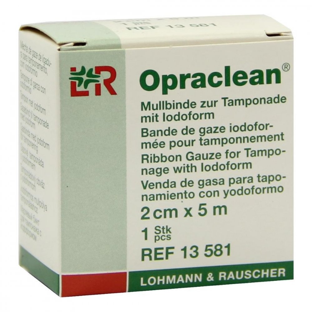 Das Produktfoto zeigt Opraclean Mullbinde Z.Tampon.M.Jodoform 2 Cmx5 M (1 stk) PZN 04436906