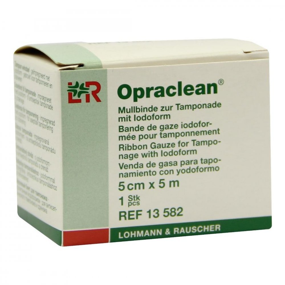 Das Produktfoto zeigt Opraclean Mullbinde Z.Tampon.M.Jodoform 5 Cmx5 M (1 stk) PZN 04436929