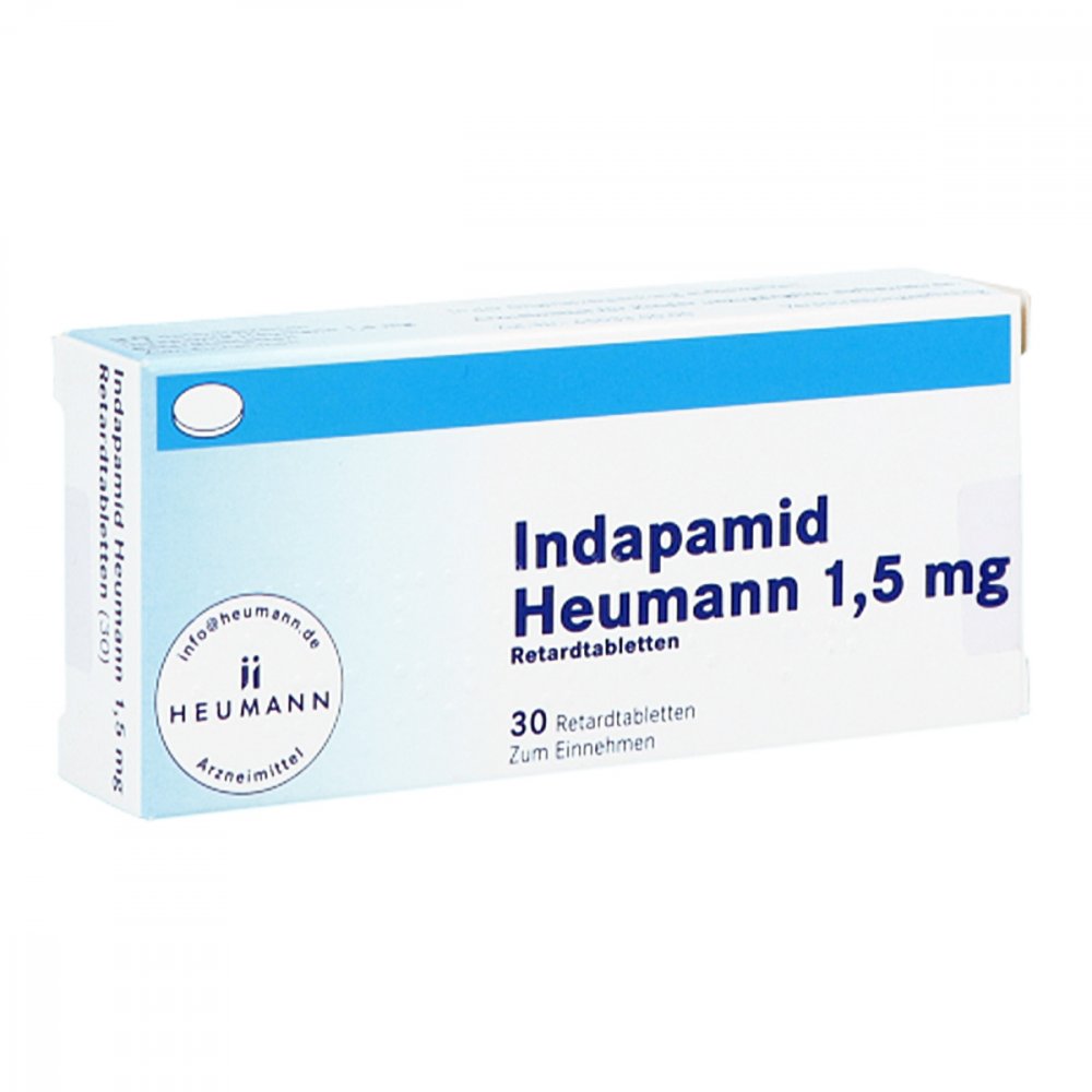 Das Produktfoto zeigt Indapamid Heumann 1,5 Mg Retardtabletten (30 stk) PZN 04445667