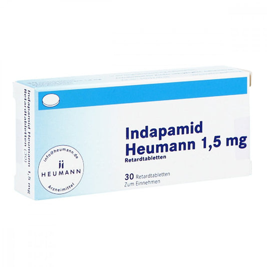 Das Produktfoto zeigt Indapamid Heumann 1,5 Mg Retardtabletten (30 stk) PZN 04445667