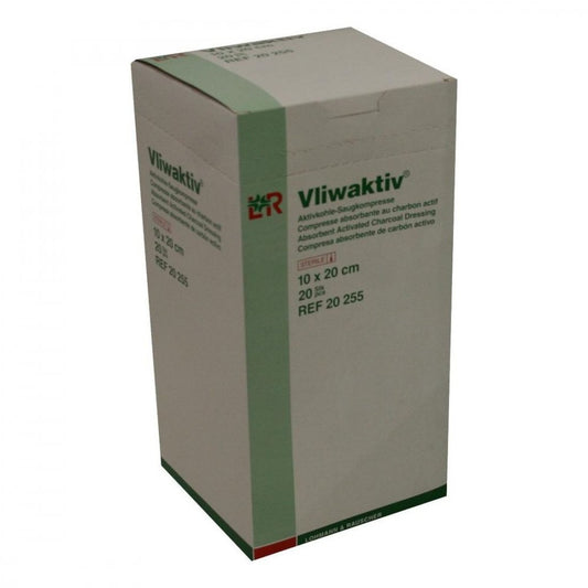 Das Produktfoto zeigt Vliwaktiv Aktivkohle-Saugkomp.Steril 10x20 Cm (20 stk) PZN 04464297