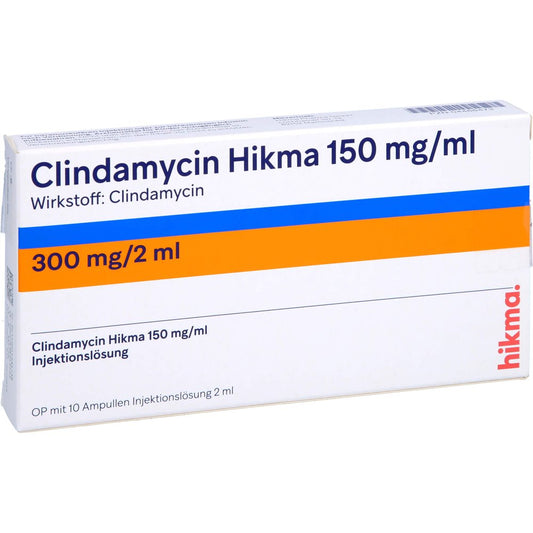 Das Produktfoto zeigt Clindamycin Hikma 150 Mg/Ml 300 Mg Inj.-Lsg.Amp. (10X2 ml) PZN 04468473