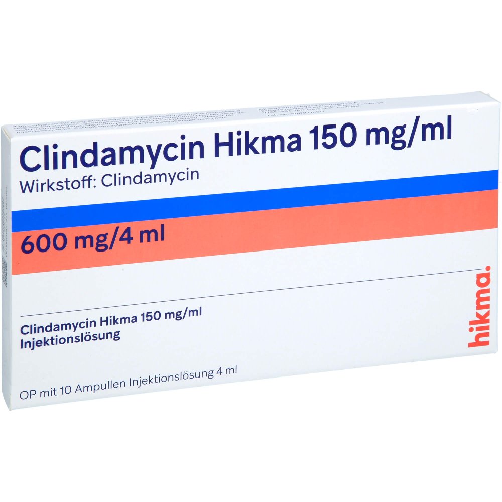 Das Produktfoto zeigt Clindamycin Hikma 150 Mg/Ml 600 Mg Inj.-Lsg.Amp. (10X4 ml) PZN 04468504