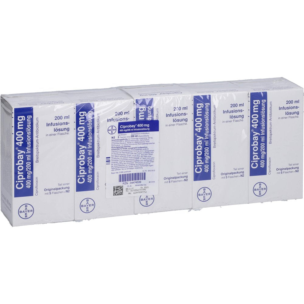Das Produktfoto zeigt Ciprobay 400 Mg Infusionslösung (5X200 ml) PZN 04474539